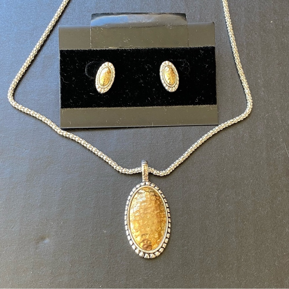 Vtg RMN Necklace Matching Earrings Hammered Silver and Gold Tone 18"-20" Chain‎